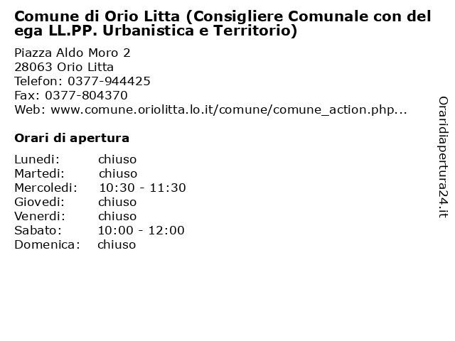 Comune di Orio Litta (Consigliere Comunale con delega LL.PP. Urbanistica e Territorio) a Orio Litta: indirizzo e orari di apertura