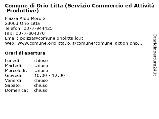 Comune di Orio Litta (Servizio Commercio ed Attività Produttive) a Orio Litta: indirizzo e orari di apertura