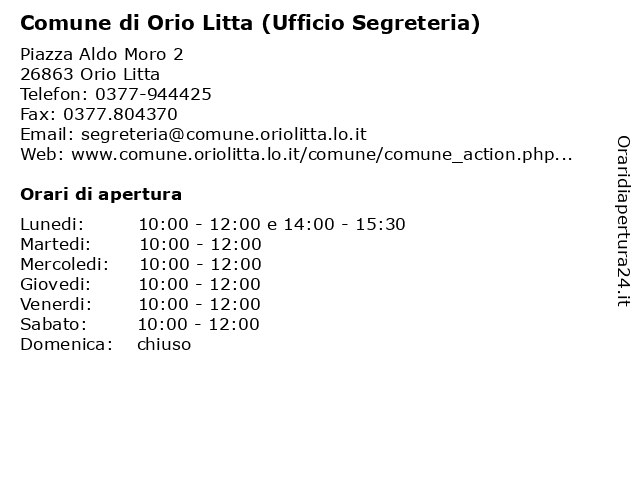 Comune di Orio Litta (Ufficio Segreteria) a Orio Litta: indirizzo e orari di apertura