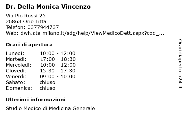 Dr. Della Monica Vincenzo a Orio Litta: indirizzo e orari di apertura