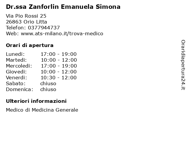 Dr.ssa Zanforlin Emanuela Simona a Orio Litta: indirizzo e orari di apertura