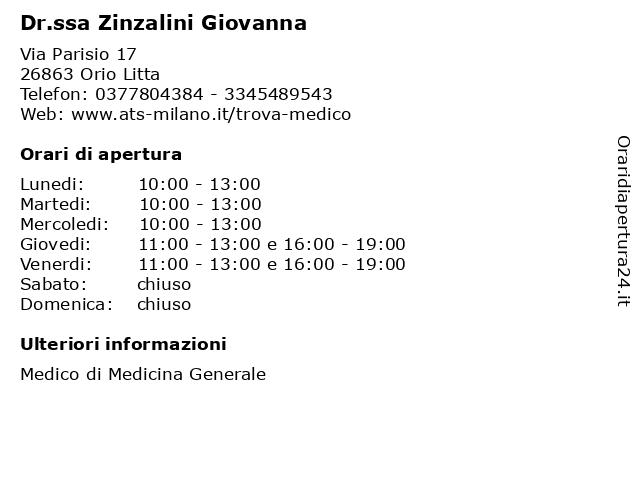 Dr.ssa Zinzalini Giovanna a Orio Litta: indirizzo e orari di apertura