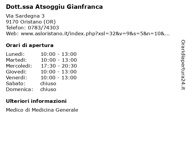 Dott.ssa Atsoggiu Gianfranca a Oristano (OR): indirizzo e orari di apertura