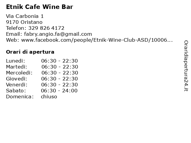 Etnik Cafe Wine Bar a Oristano: indirizzo e orari di apertura