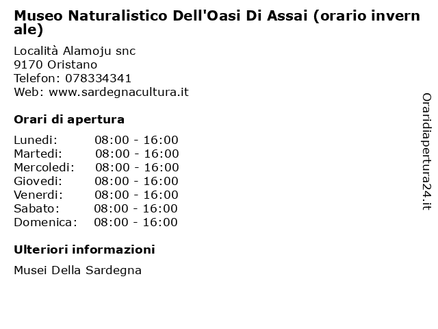 Museo Naturalistico Dell'Oasi Di Assai (orario invernale) a Oristano: indirizzo e orari di apertura