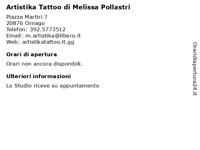 Artistika Tattoo di Melissa Pollastri a Ornago: indirizzo e orari di apertura