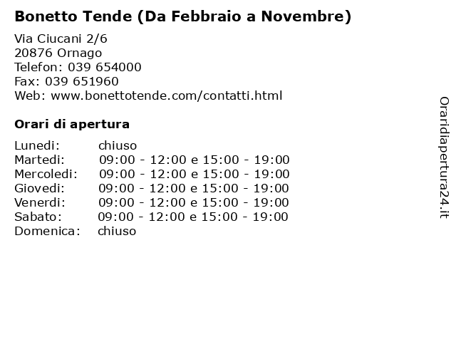 Bonetto Tende (Da Febbraio a Novembre) a Ornago: indirizzo e orari di apertura