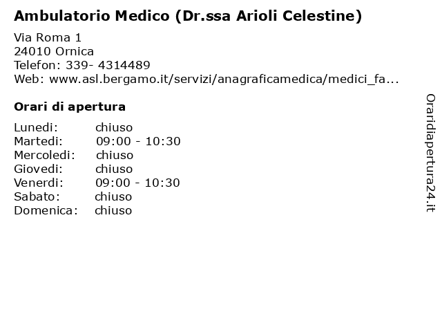Ambulatorio Medico (Dr.ssa Arioli Celestine) a Ornica: indirizzo e orari di apertura