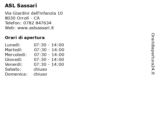 ASL Sassari a Orroli - CA: indirizzo e orari di apertura