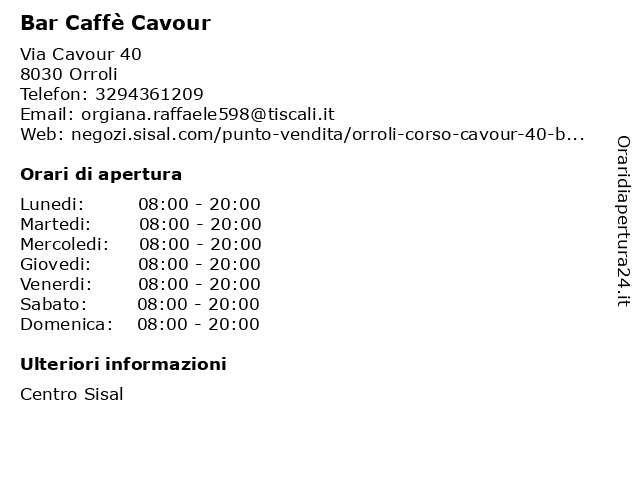 Bar Caffè Cavour a Orroli: indirizzo e orari di apertura