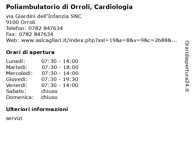 Poliambulatorio di Orroli, Cardiologia a Orroli: indirizzo e orari di apertura