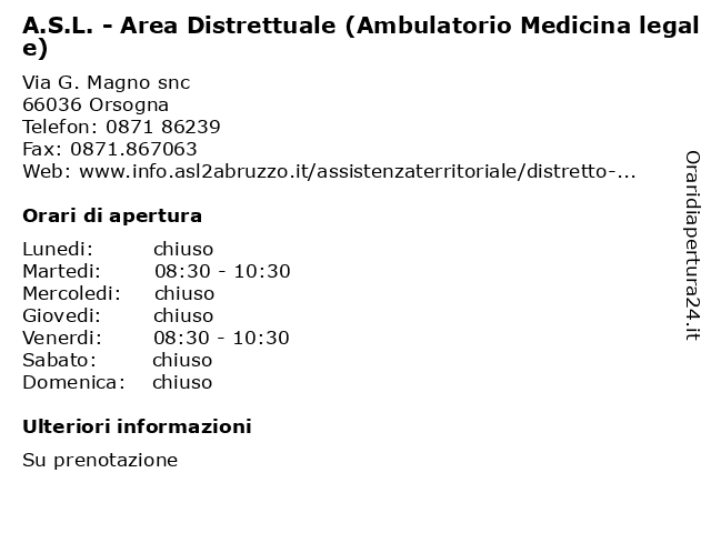 A.S.L. - Area Distrettuale (Ambulatorio Medicina legale) a Orsogna: indirizzo e orari di apertura