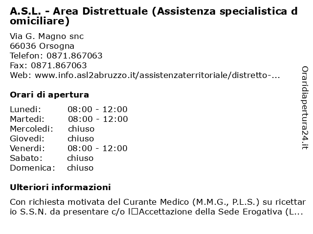 A.S.L. - Area Distrettuale (Assistenza specialistica domiciliare) a Orsogna: indirizzo e orari di apertura