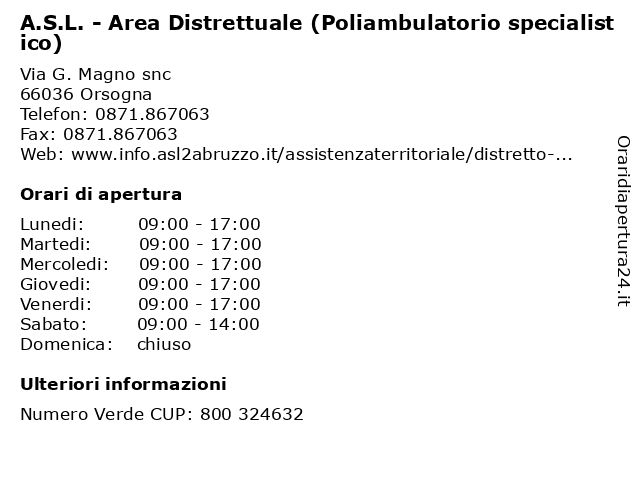 A.S.L. - Area Distrettuale (Poliambulatorio specialistico) a Orsogna: indirizzo e orari di apertura