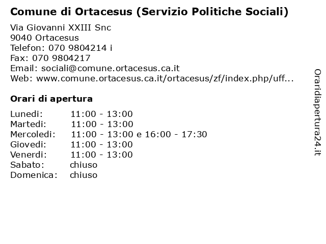 Comune di Ortacesus (Servizio Politiche Sociali) a Ortacesus: indirizzo e orari di apertura