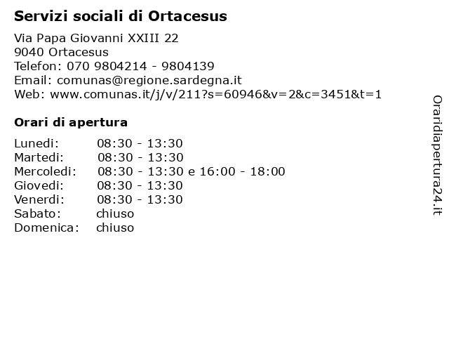 Servizi sociali di Ortacesus a Ortacesus: indirizzo e orari di apertura