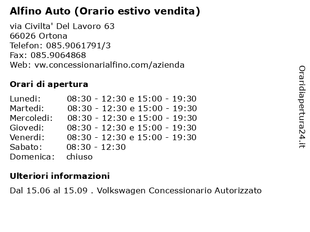Alfino Auto (Orario estivo vendita) a Ortona: indirizzo e orari di apertura