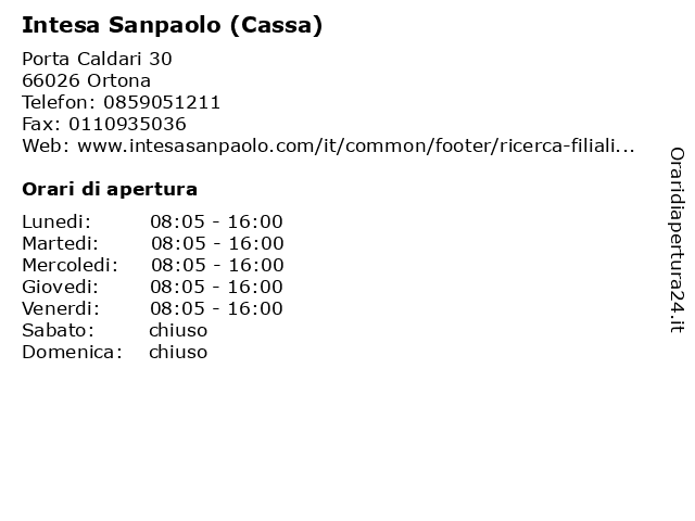 Intesa Sanpaolo (Cassa) a Ortona: indirizzo e orari di apertura