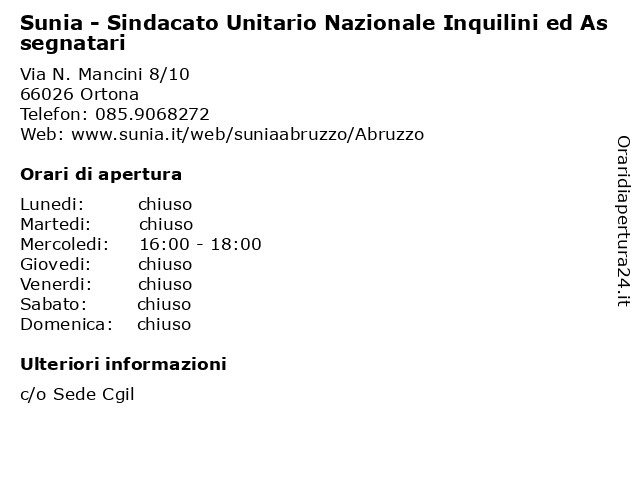 Sunia - Sindacato Unitario Nazionale Inquilini ed Assegnatari a Ortona: indirizzo e orari di apertura