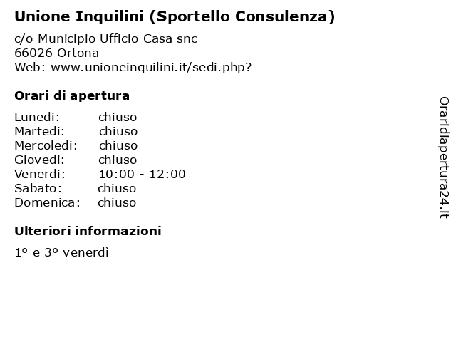 Unione Inquilini (Sportello Consulenza) a Ortona: indirizzo e orari di apertura