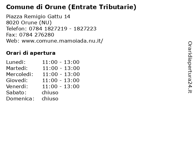 Comune di Orune (Entrate Tributarie) a Orune (NU): indirizzo e orari di apertura