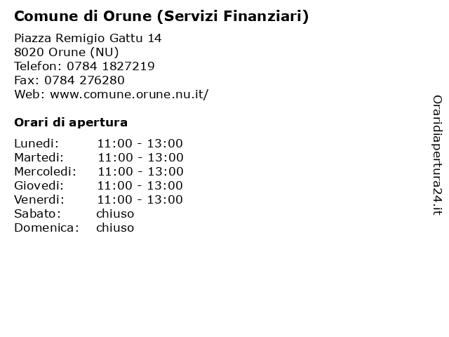 Comune di Orune (Servizi Finanziari) a Orune (NU): indirizzo e orari di apertura