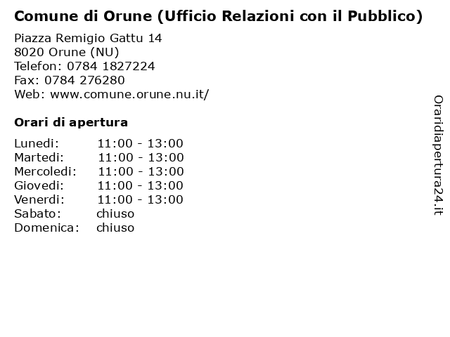 Comune di Orune (Ufficio Relazioni con il Pubblico) a Orune (NU): indirizzo e orari di apertura