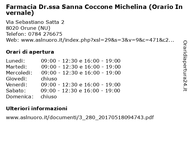 Farmacia Dr.ssa Sanna Coccone Michelina (Orario Invernale) a Orune (NU): indirizzo e orari di apertura