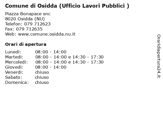 Comune di Osidda (Ufficio Lavori Pubblici ) a Osidda (NU): indirizzo e orari di apertura