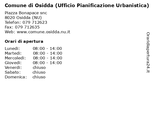 Comune di Osidda (Ufficio Pianificazione Urbanistica) a Osidda (NU): indirizzo e orari di apertura