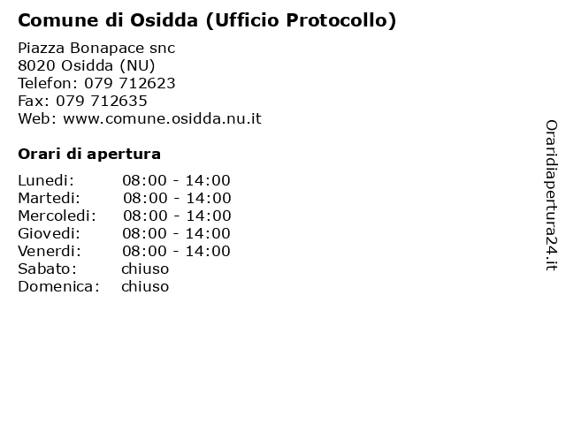 Comune di Osidda (Ufficio Protocollo) a Osidda (NU): indirizzo e orari di apertura