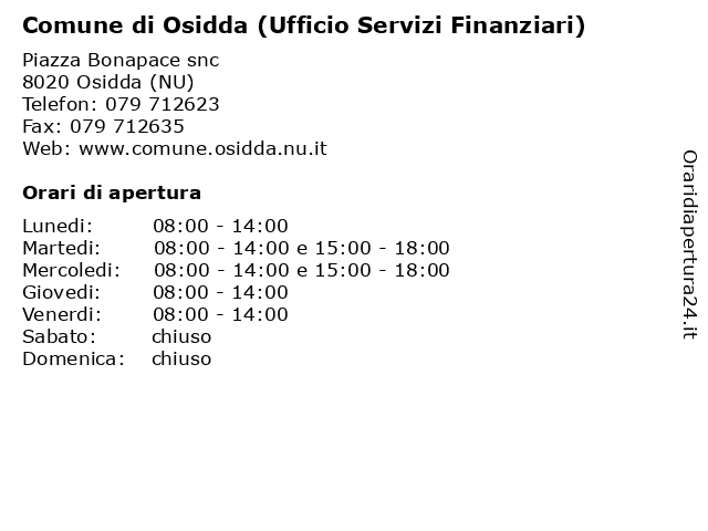 Comune di Osidda (Ufficio Servizi Finanziari) a Osidda (NU): indirizzo e orari di apertura