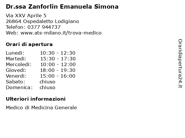 Dr.ssa Zanforlin Emanuela Simona a Ospedaletto Lodigiano: indirizzo e orari di apertura