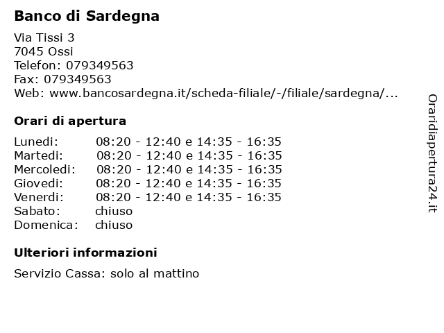 Banco Di Sardegna a Ossi: indirizzo e orari di apertura