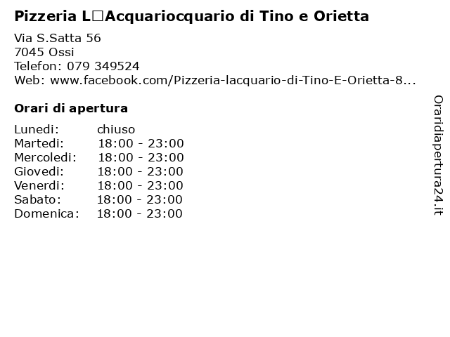 Pizzeria L’Acquariocquario di Tino e Orietta a Ossi: indirizzo e orari di apertura