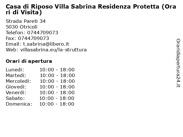 Casa di Riposo Villa Sabrina Residenza Protetta (Orari di Visita) a Otricoli: indirizzo e orari di apertura
