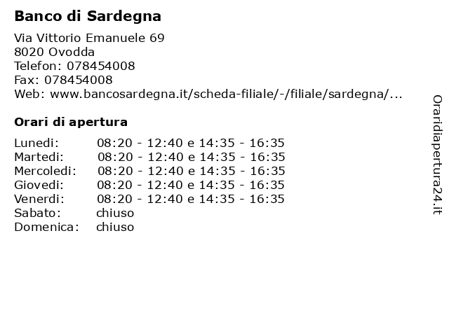 Banco di Sardegna a Ovodda: indirizzo e orari di apertura