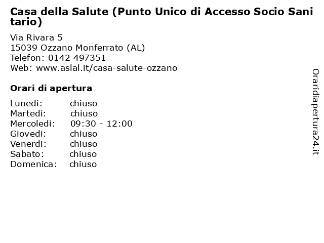 Casa della Salute (Punto Unico di Accesso Socio Sanitario) a Ozzano Monferrato (AL): indirizzo e orari di apertura