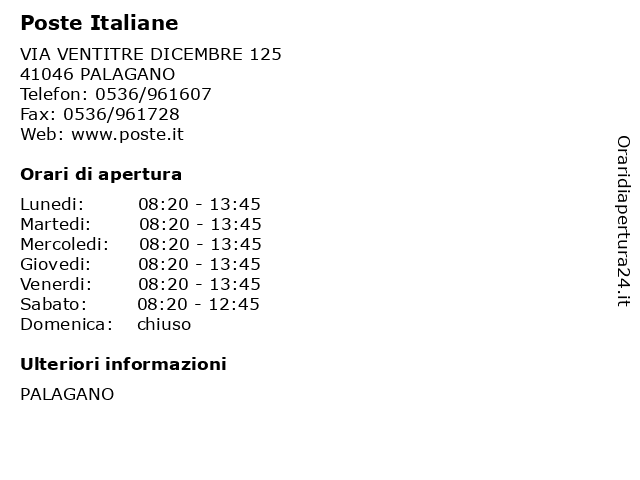 Poste Italiane a PALAGANO: indirizzo e orari di apertura