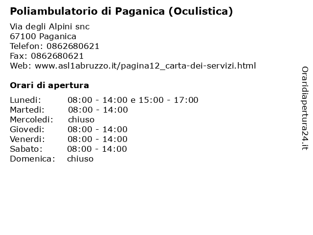 Poliambulatorio di Paganica (Oculistica) a Paganica: indirizzo e orari di apertura
