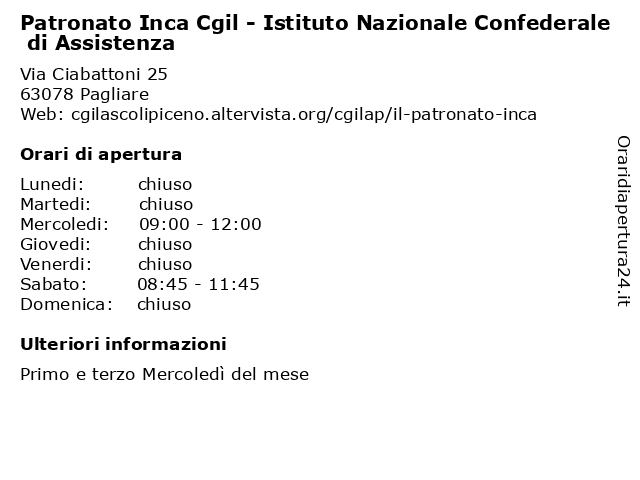 Patronato Inca Cgil - Istituto Nazionale Confederale di Assistenza a Pagliare: indirizzo e orari di apertura