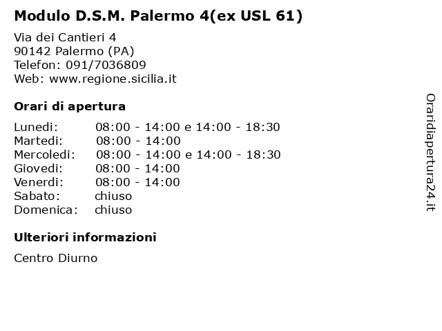 Modulo D.S.M. Palermo 4(ex USL 61) a Palermo (PA): indirizzo e orari di apertura