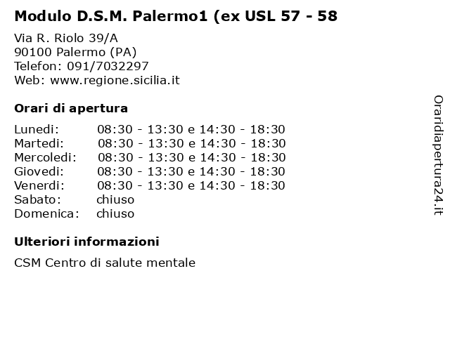 Modulo D.S.M. Palermo1 (ex USL 57 - 58 a Palermo (PA): indirizzo e orari di apertura