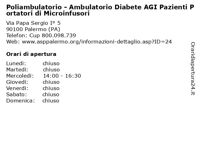 Poliambulatorio - Ambulatorio Diabete AGI Pazienti Portatori di Microinfusori a Palermo (PA): indirizzo e orari di apertura