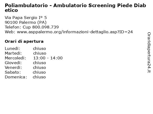 Poliambulatorio - Ambulatorio Screening Piede Diabetico a Palermo (PA): indirizzo e orari di apertura
