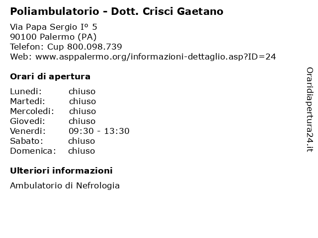 Poliambulatorio - Dott. Crisci Gaetano a Palermo (PA): indirizzo e orari di apertura