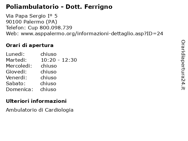 Poliambulatorio - Dott. Ferrigno a Palermo (PA): indirizzo e orari di apertura
