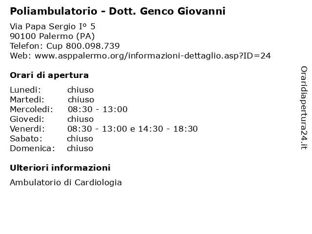 Poliambulatorio - Dott. Genco Giovanni a Palermo (PA): indirizzo e orari di apertura