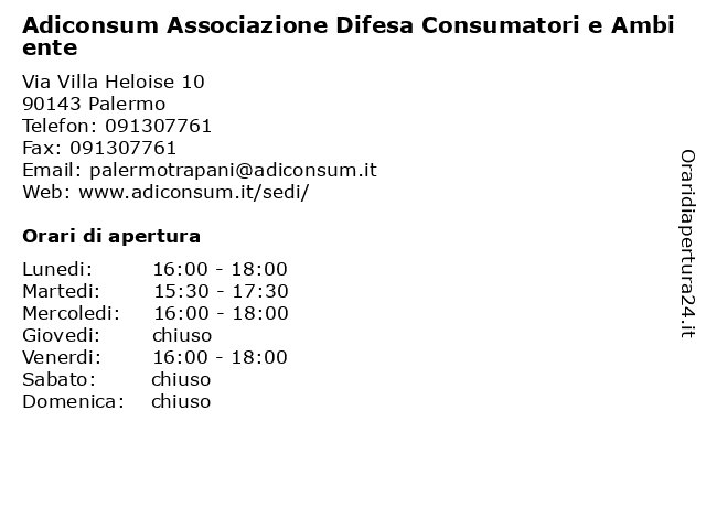 Adiconsum Associazione Difesa Consumatori e Ambiente a Palermo: indirizzo e orari di apertura