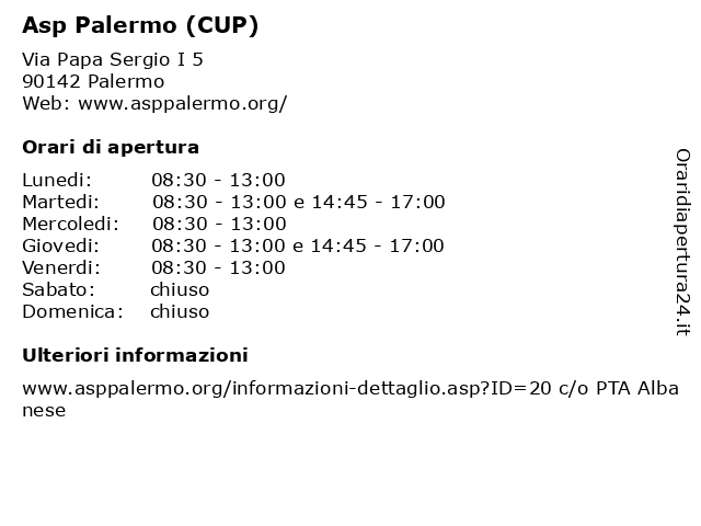 Asp Palermo (CUP) a Palermo: indirizzo e orari di apertura